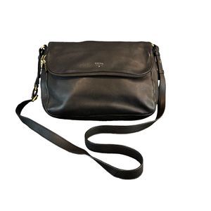 FOSSIL Preston Pebbled Leather Black Crossbody Purse Expandable Zipper